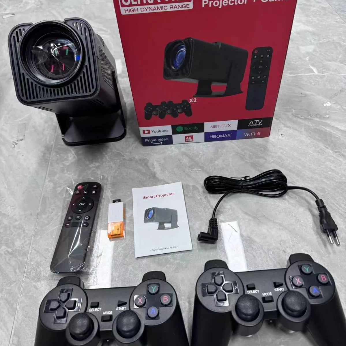 Compact wireless HD game projector with screen handle for home entertainment setup