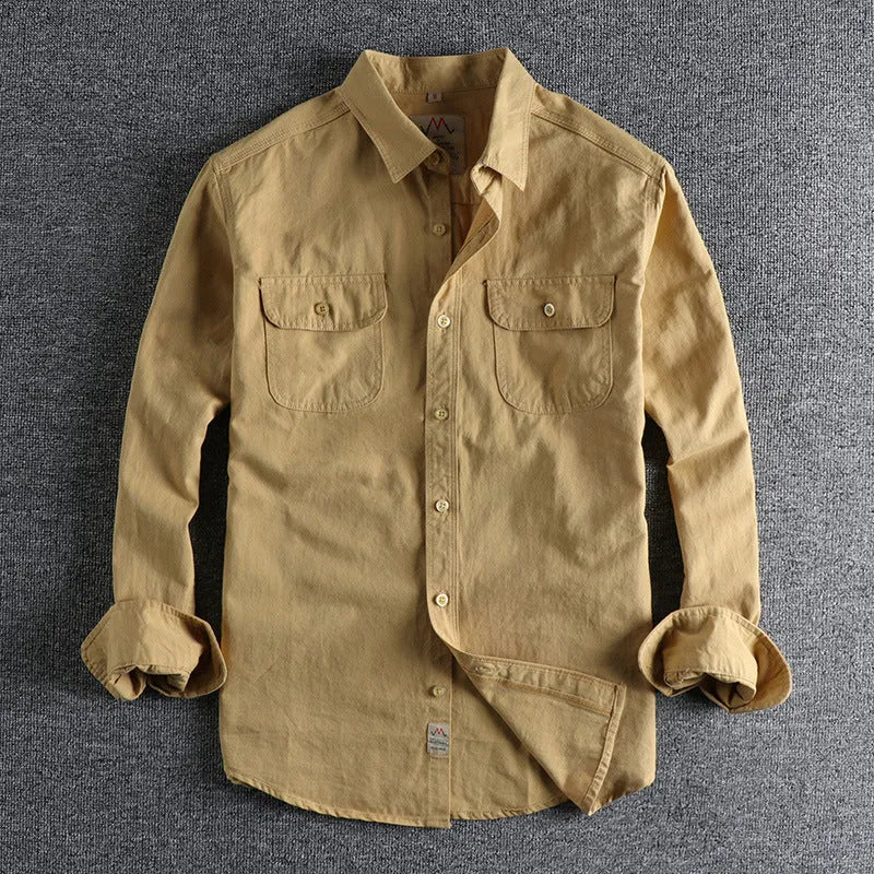 Men's retro cotton long sleeve shirt in light blue solid colour with cardigan style
