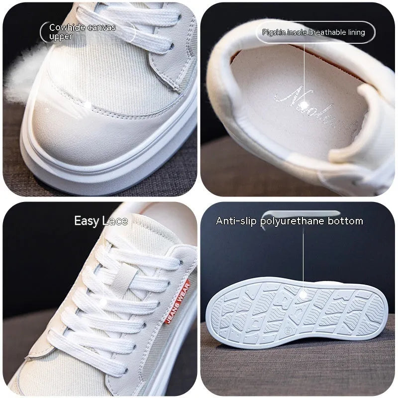 Women's beige and pink cowhide leather board shoes with thick soles for height increase.