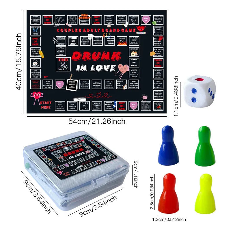 Couple drinking board game on photo cloth with drunk love theme and double game board