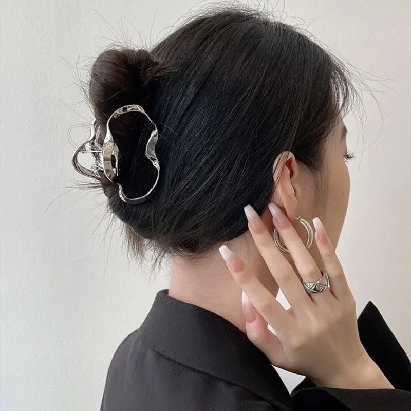 Silver metal hair barrette claw clip with electroplated finish and decorative design