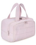 Large open-top travel toiletry bag in black polyester with fluffy texture, showing ample storage space.