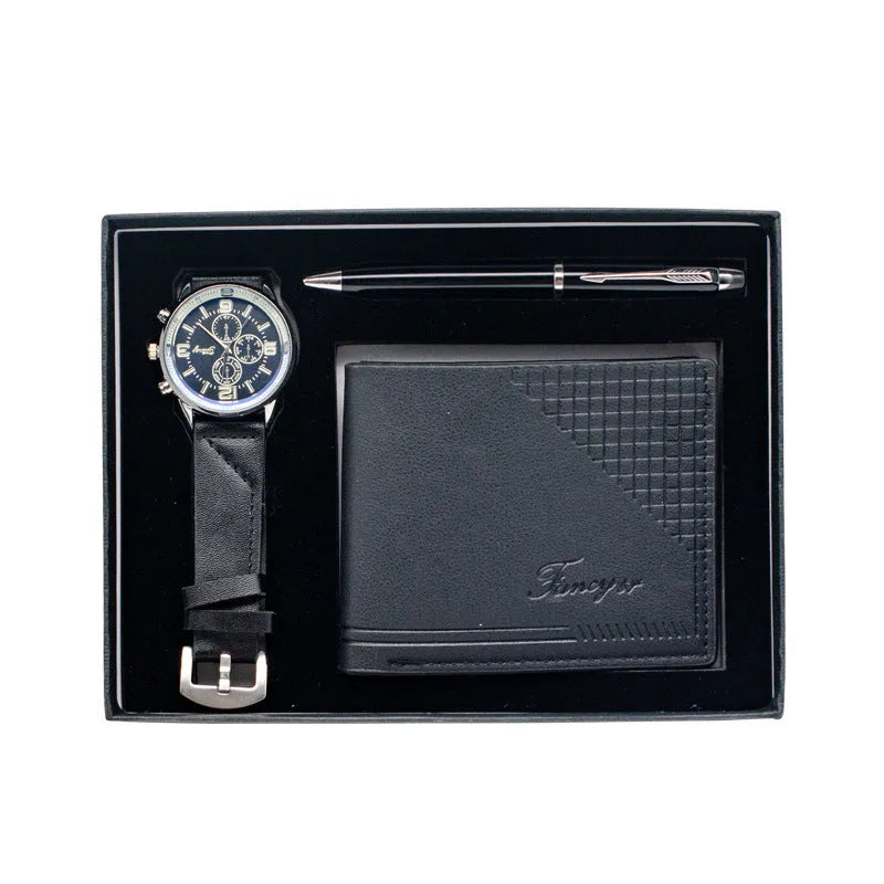 Creative Holiday Gift Set featuring a brown wallet, pen, and watch inside an elegant paper gift box.