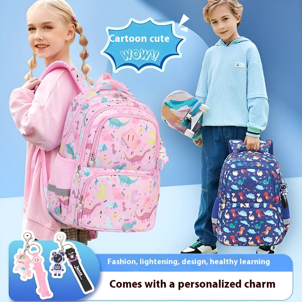 Blue children's waterproof school backpack with dinosaur pattern and curved shoulder straps on a white background.