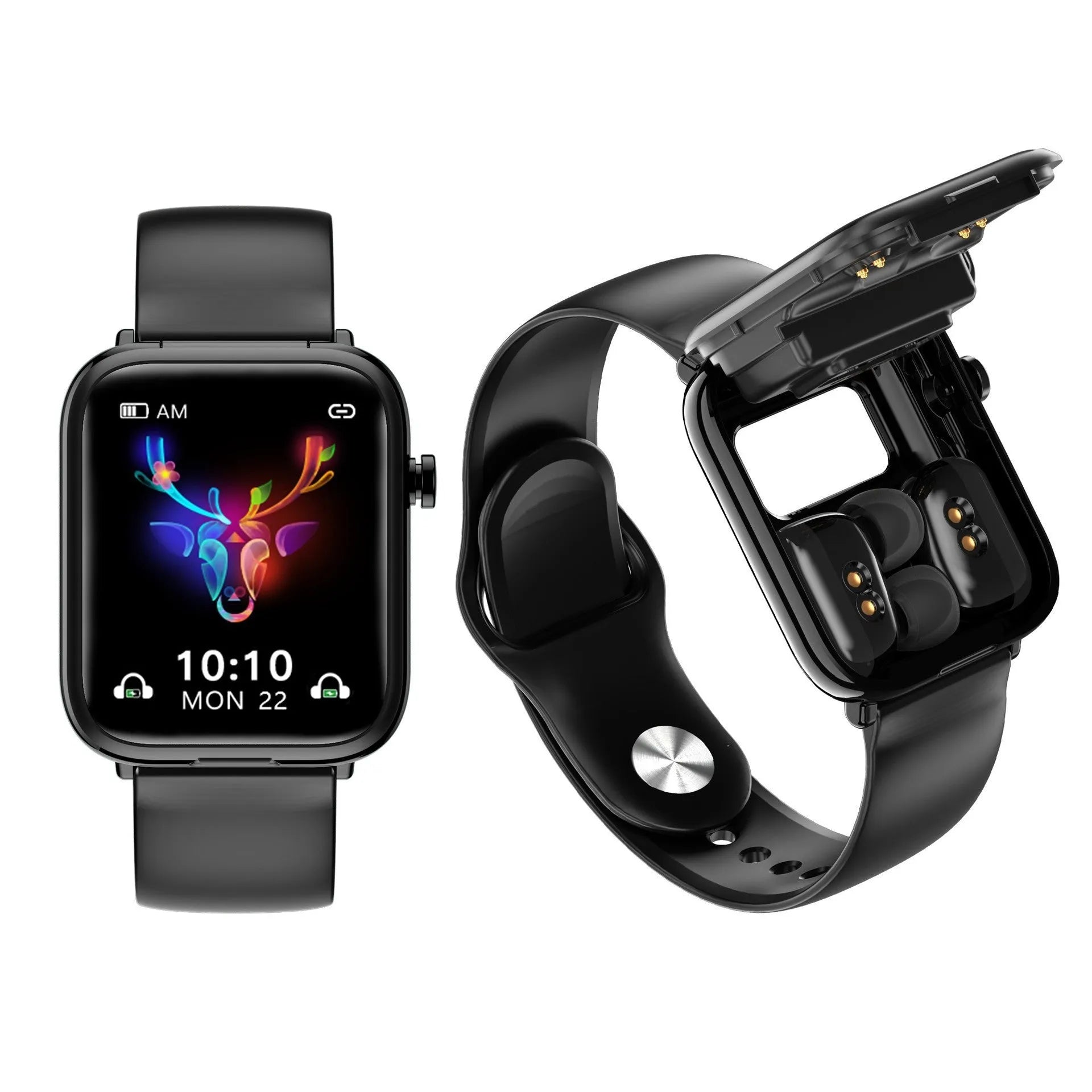 Black zinc alloy smartwatch with 1.69-inch touchscreen next to wireless Bluetooth earbuds and charging case.