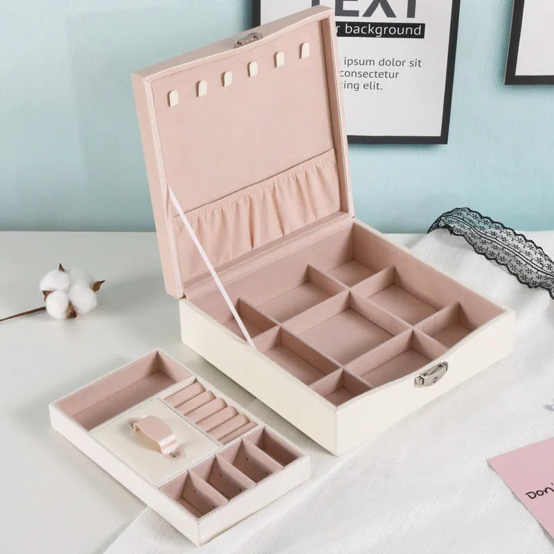 Red or white PU leather jewellery storage box with compartments for necklaces and rings