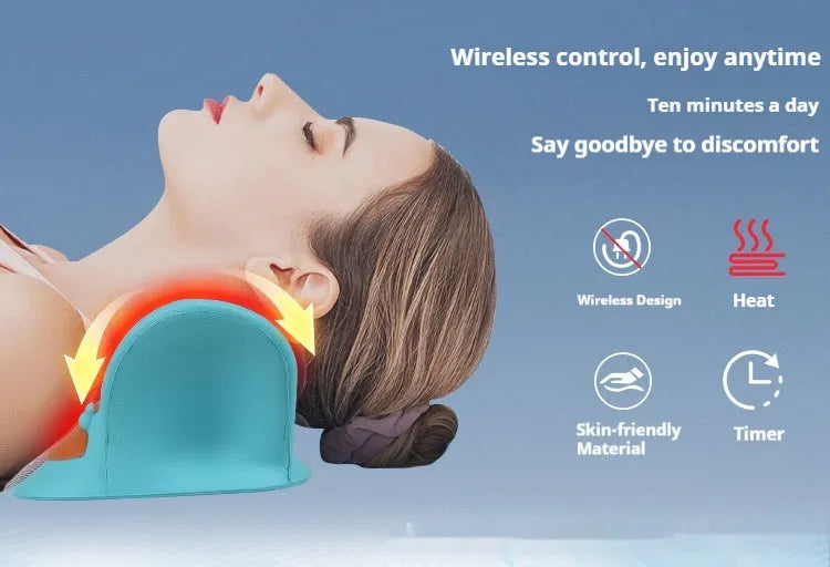 Blue PU leather sleep cervical traction pillow with infrared red light pulse functions, dimensions 230x200x130mm