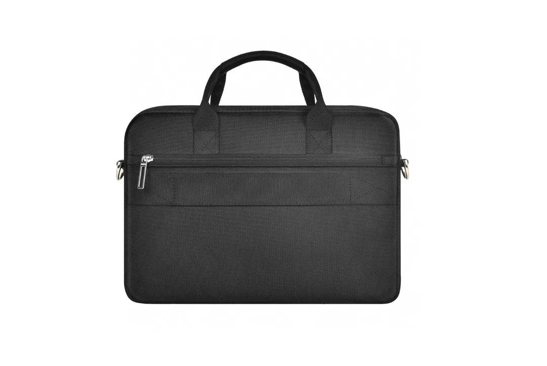 Black Oxford cloth laptop backpack showing multi-pocket organisation and a lock feature.