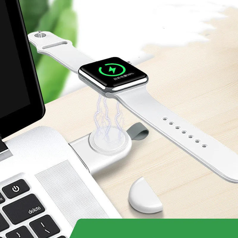 Portable wireless charger dock for Apple Watch in white, with USB cable and compact ABS body