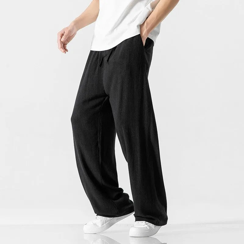 Men's beige bamboo fibre straight leg trousers with cropped length and drawstring waistband