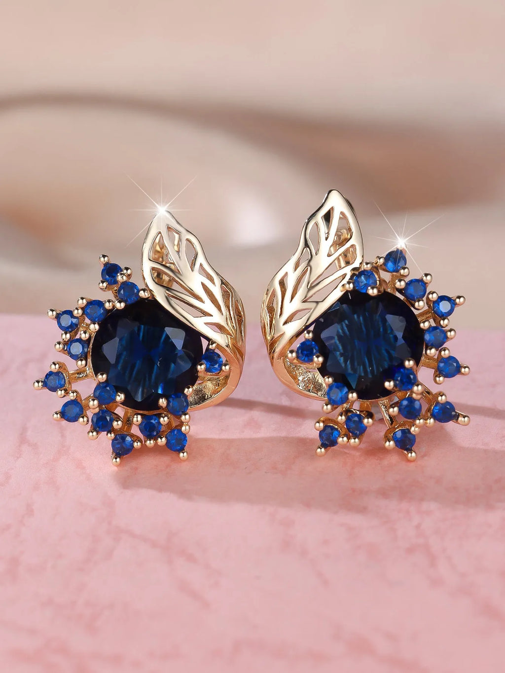 Round flower feather earrings with zircon stones in champagne gold finish, six colour options