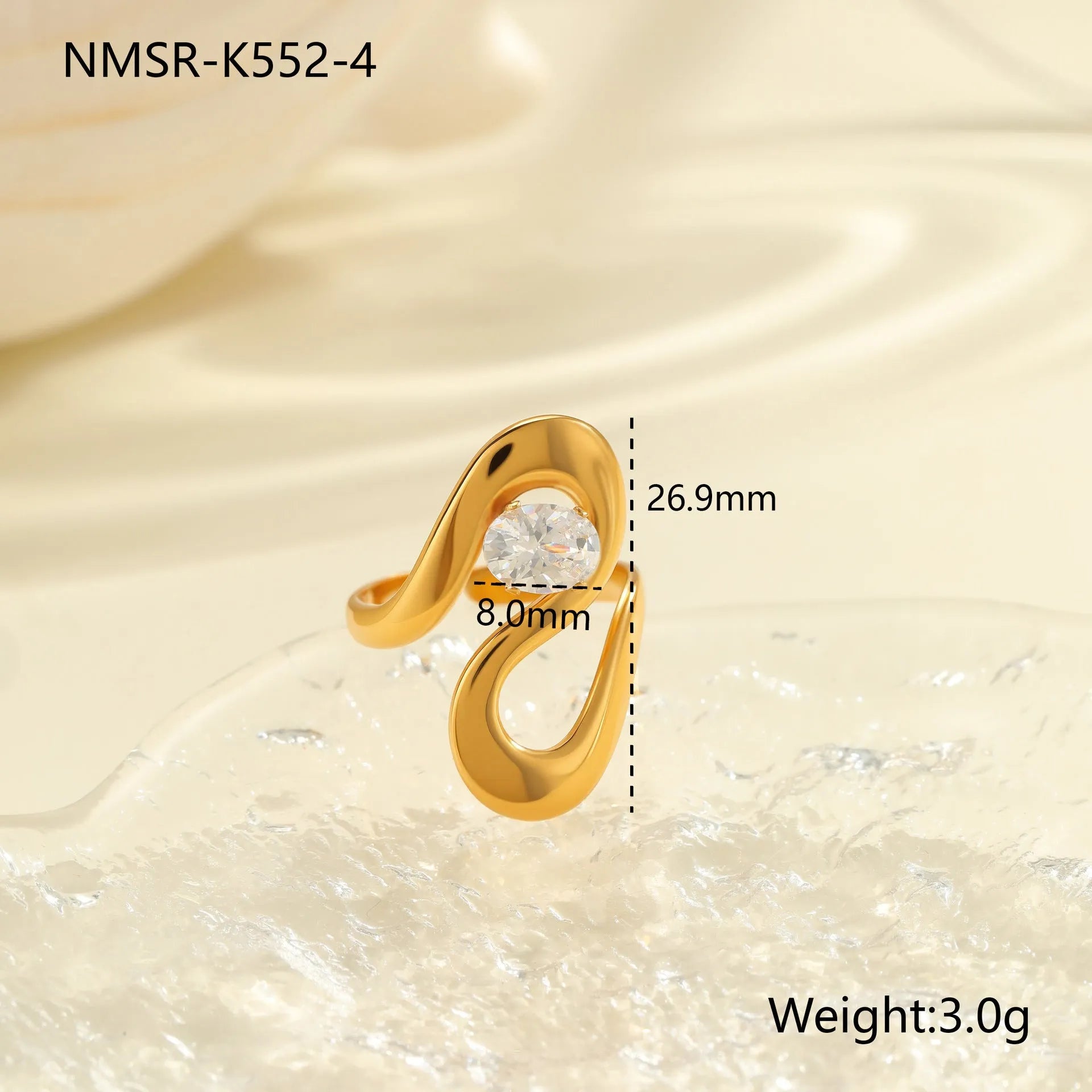 Geometric stainless steel women's ring with adjustable open mouth design and zircon details