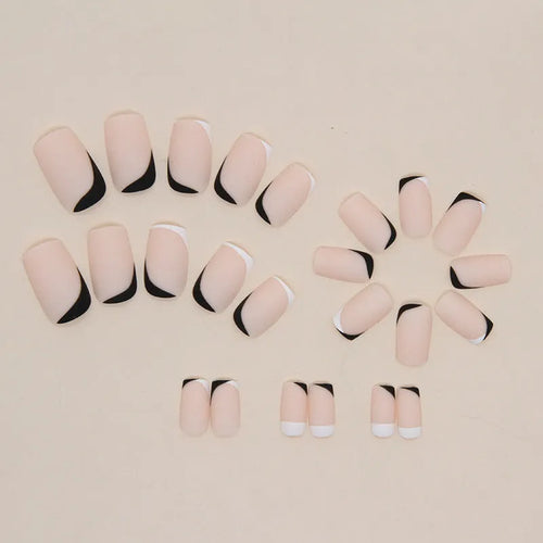 Black and white frosted false nails with mandarin duck colour design and matte finish
