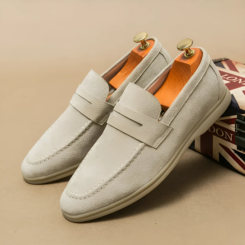 Men's beige leather slip-on casual shoes with round toe and rubber sole