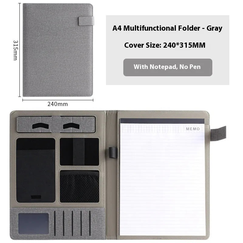 Black leather A4 business folder holding documents, with pen and notepad accessory options.