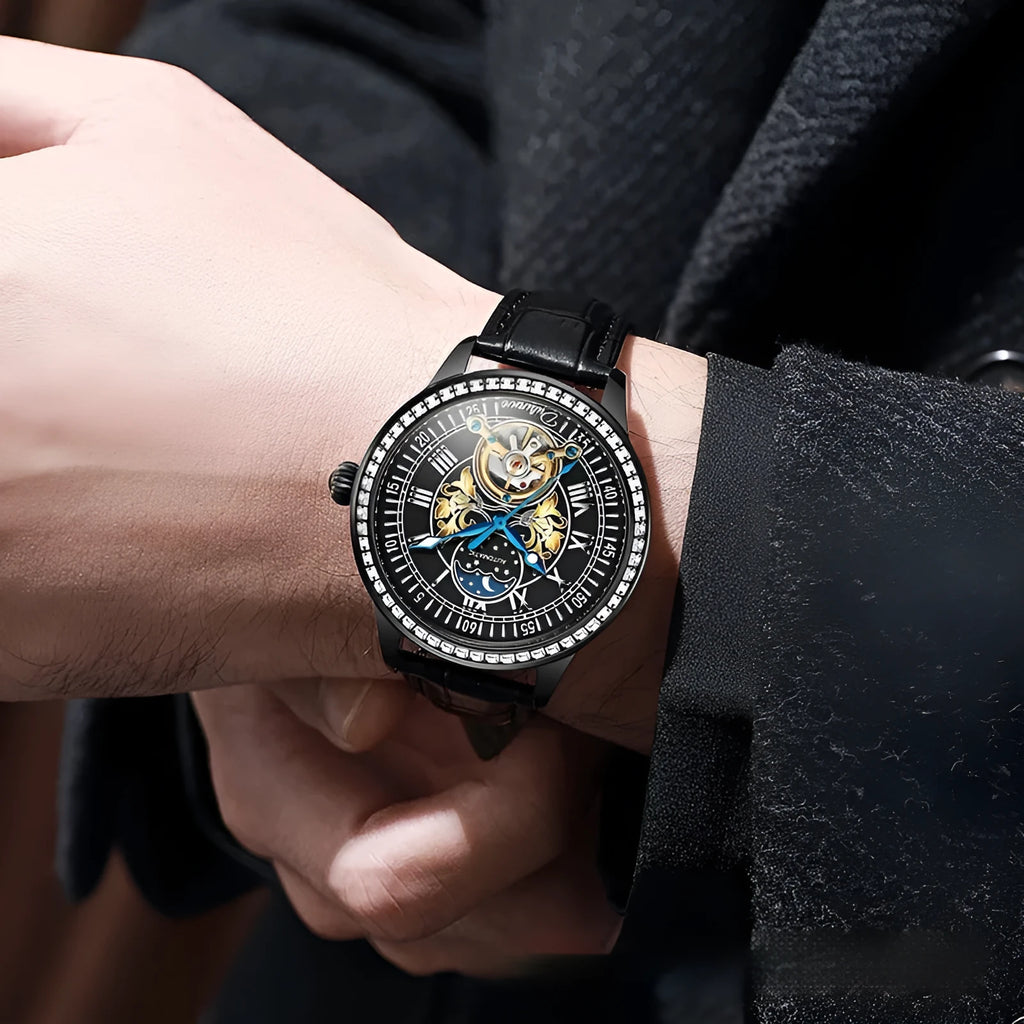 Waterproof men's mechanical watch with transparent case back showing movement inside, stainless steel strap with butterfly buckle