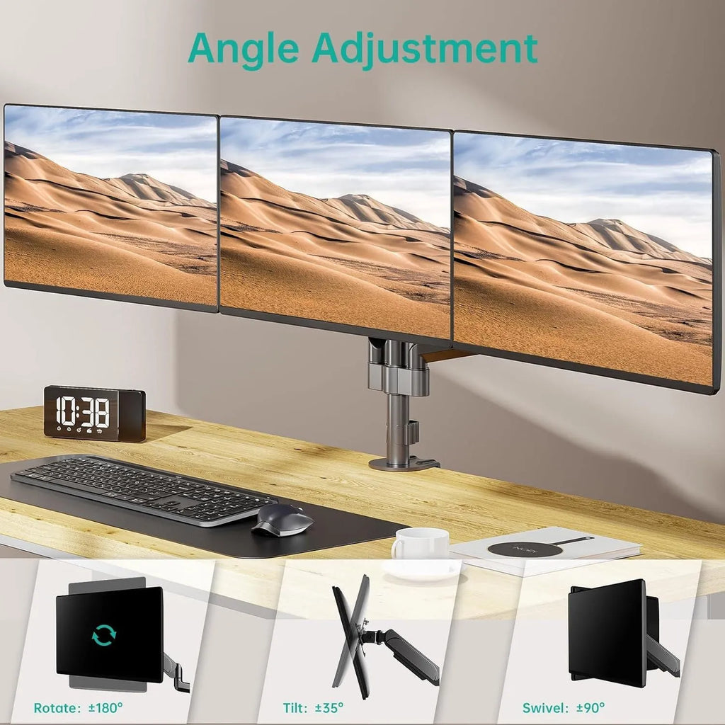 Black aluminium gas spring monitor arm holding a 27-inch computer screen