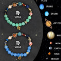 Two natural stone beaded bracelets showing zodiac symbols for all twelve astrology signs