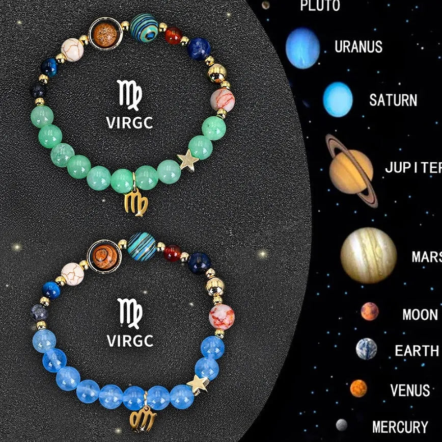 Two natural stone beaded bracelets showing zodiac symbols for all twelve astrology signs