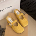 Women's flat closed toe half slippers with square toe in apricot, blue, red, and yellow colours.