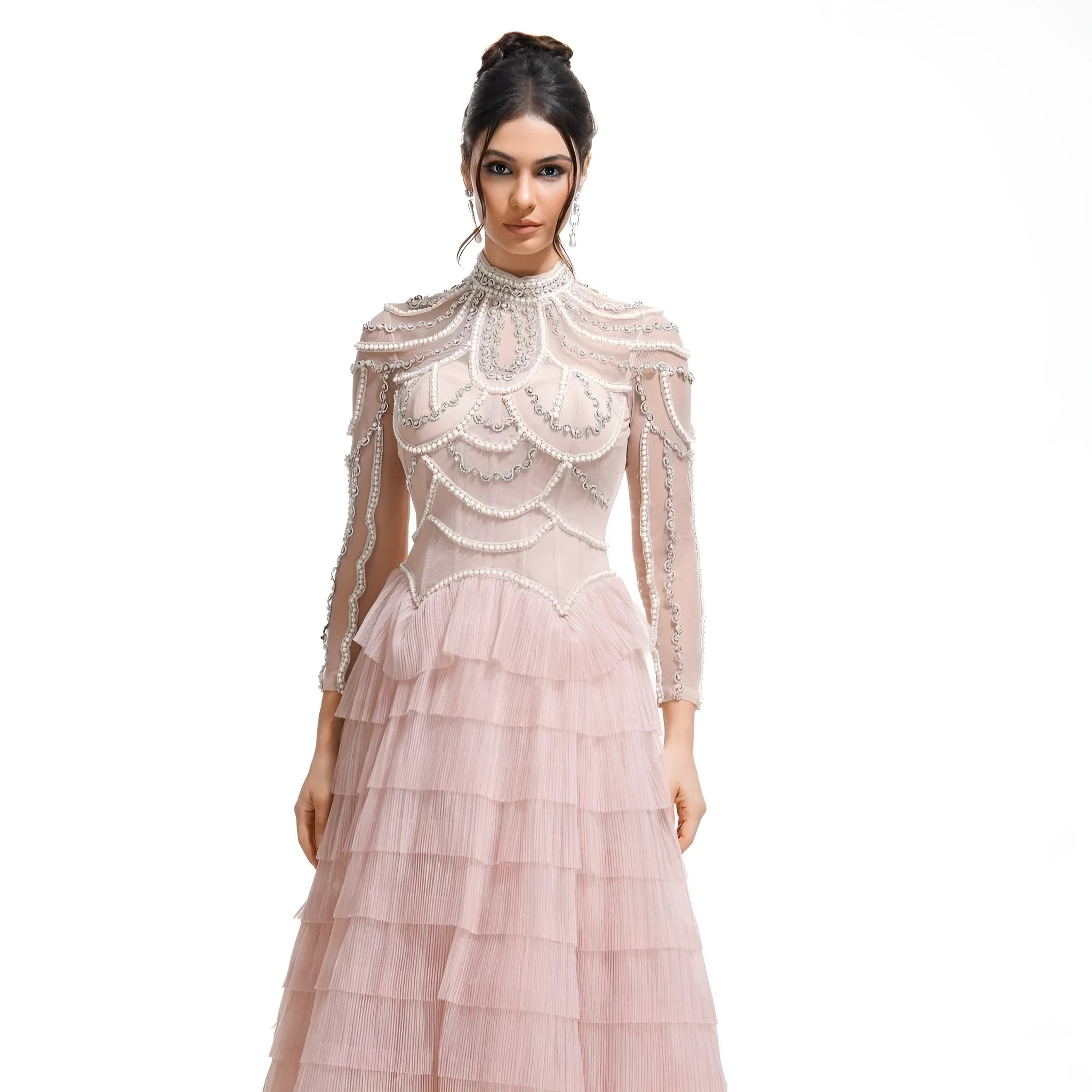 Women's black long sleeve dress with beaded embroidery and a mid waist design.