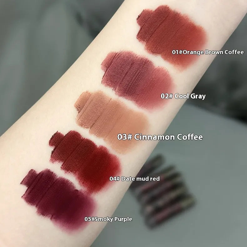 Lava Secret Matte Lip Mud Lipstick in non-transfer formula showing five shade options