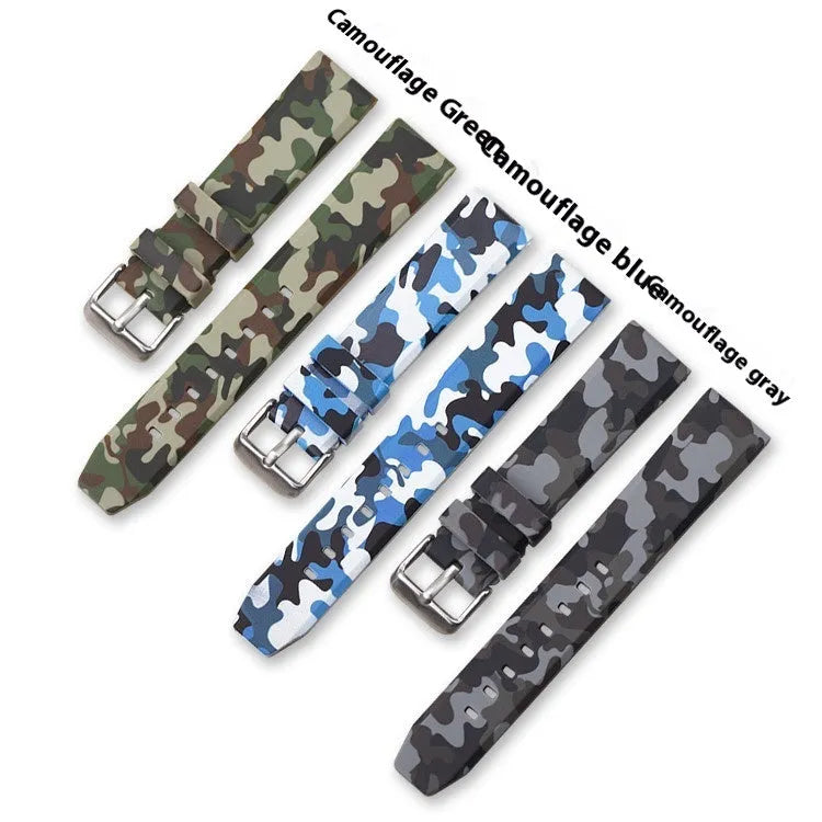 Green camouflage silicone watch strap showing adjustable buckle and 20mm width.