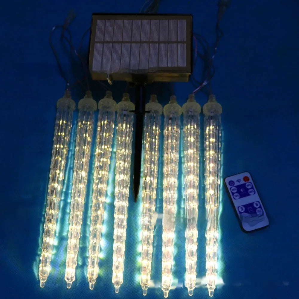 Solar-powered LED ice cone shaped meteor shower garden festoon lamp with remote control.