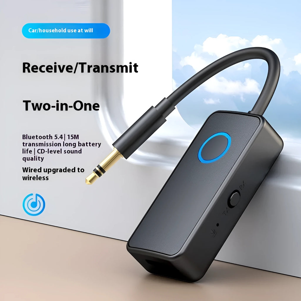 Black Bluetooth 5.4 audio adapter with a 3.5mm aux plug for wireless sound receiving and transmitting.