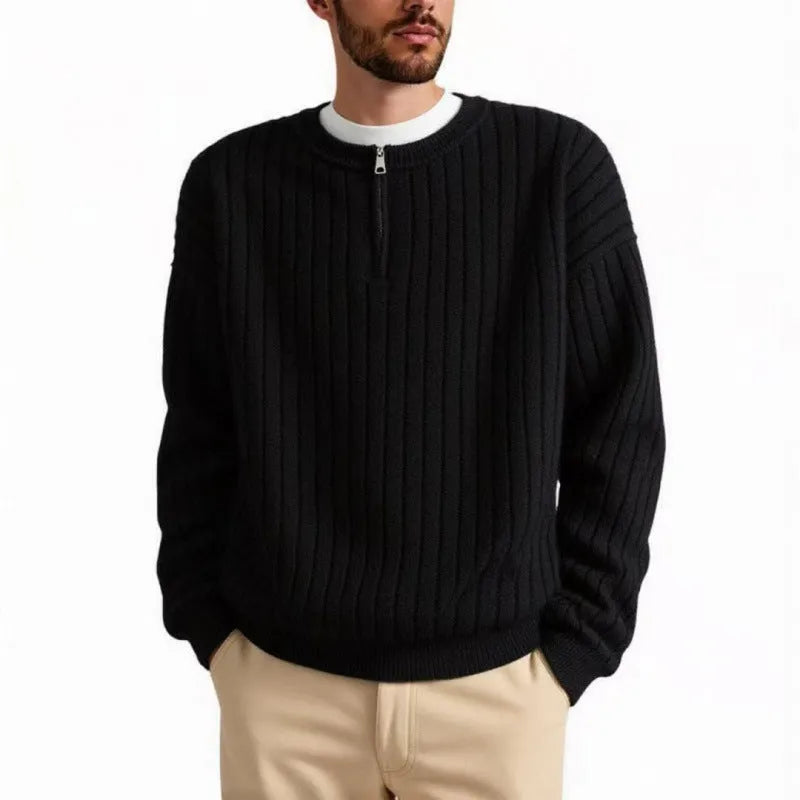 Men's grey textured half zip sweater pullover with loose fit design