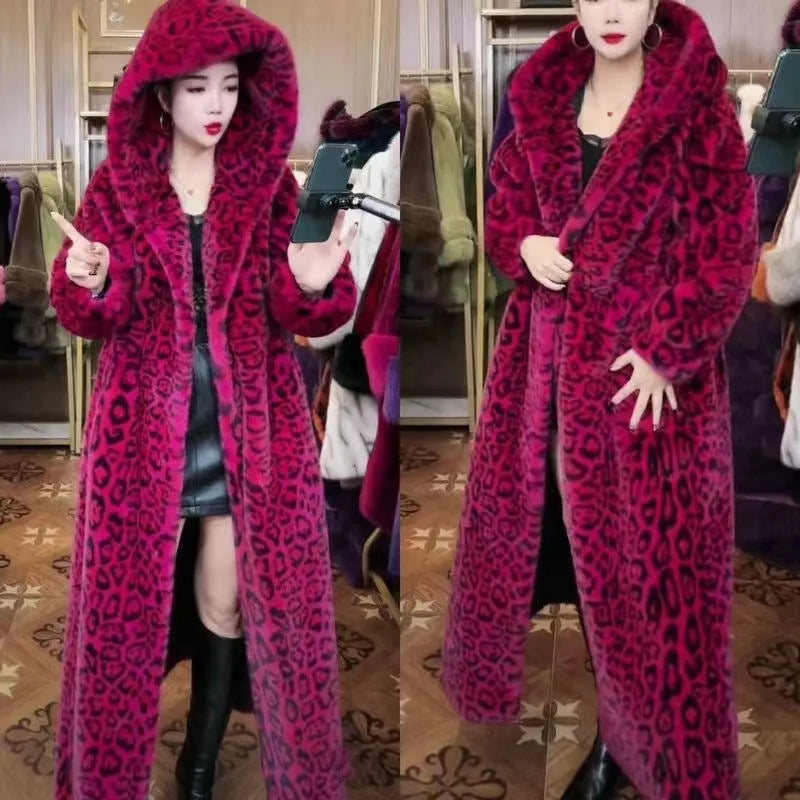 Loose plus size long brown leopard print faux fur coat on a hanger