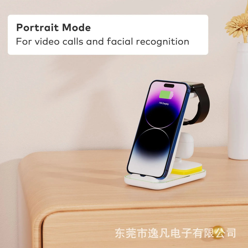 Black vertical wireless charging stand holding mobile phone upright while charging
