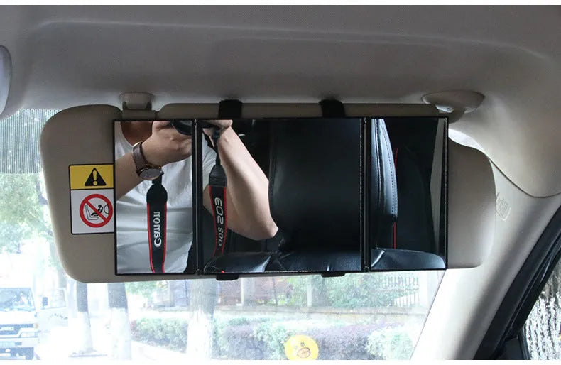 Silver folding car visor grooming mirror shown open and closed, made from ABS and glass.