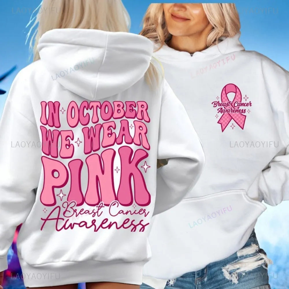 Breast cancer awareness pullover hoodie with retro hot stamping art design and a side seam pocket.
