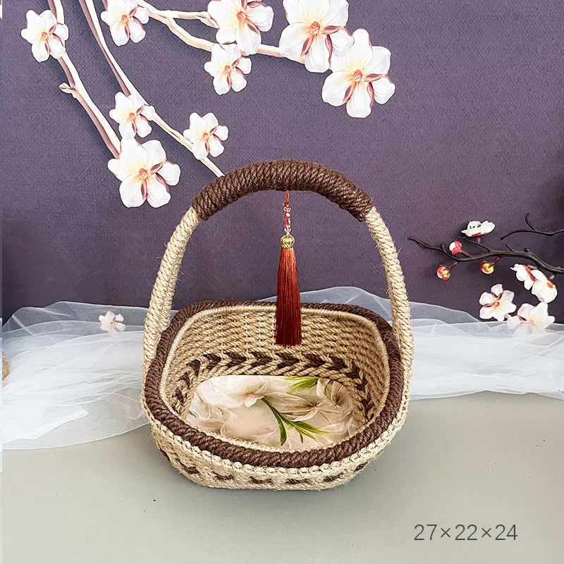 Hand-woven hemp rope basket made from straw material in rustic storage design