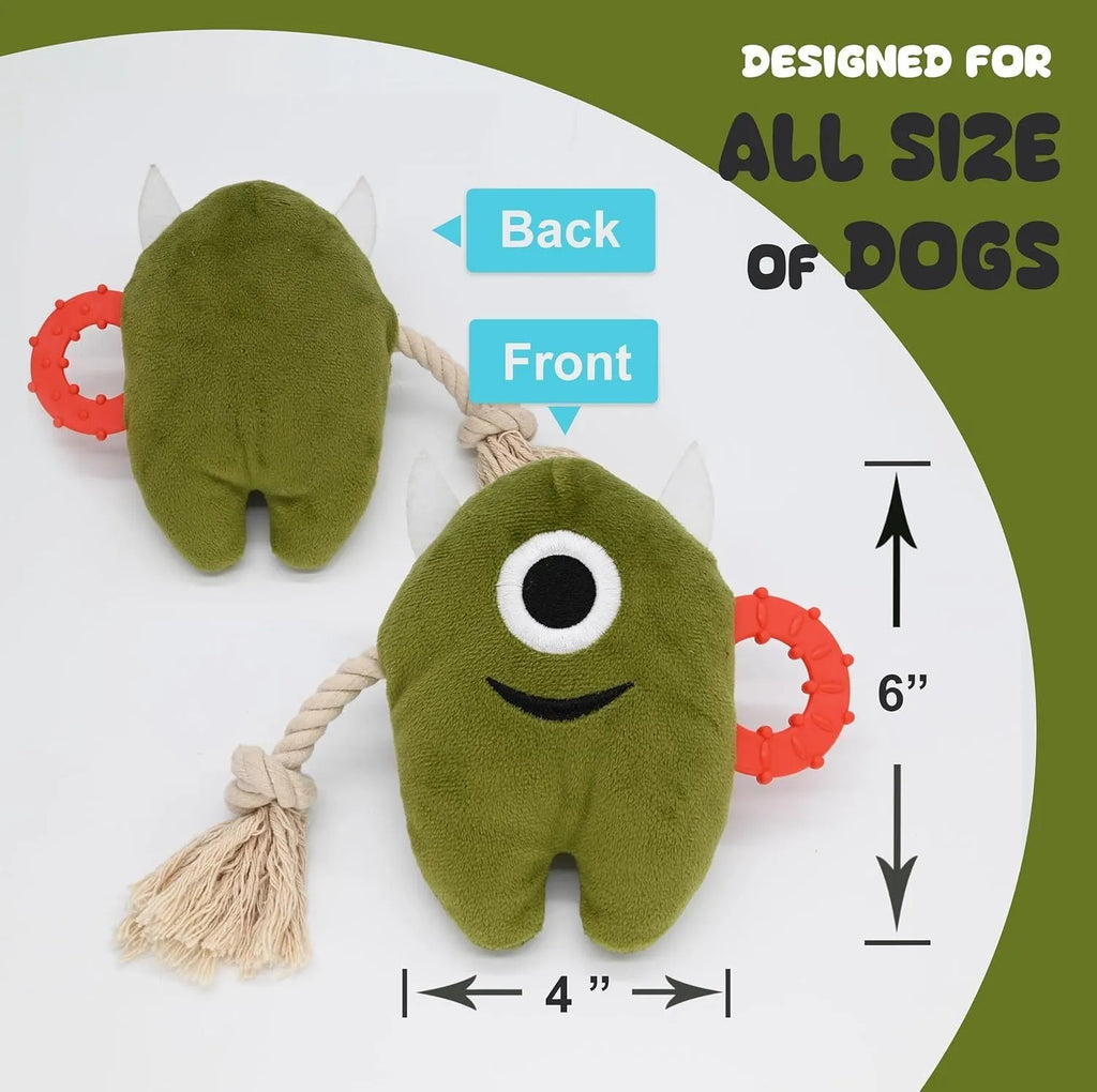 Blue and green plush monster dog toy with integrated cotton rope tug element and squeaker