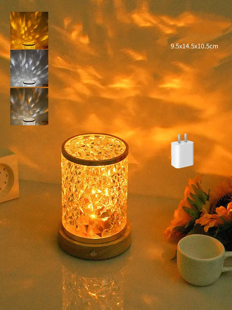 Rotating water ripple night light with wooden base showing dimensions of 9.5x14.5x10.5cm