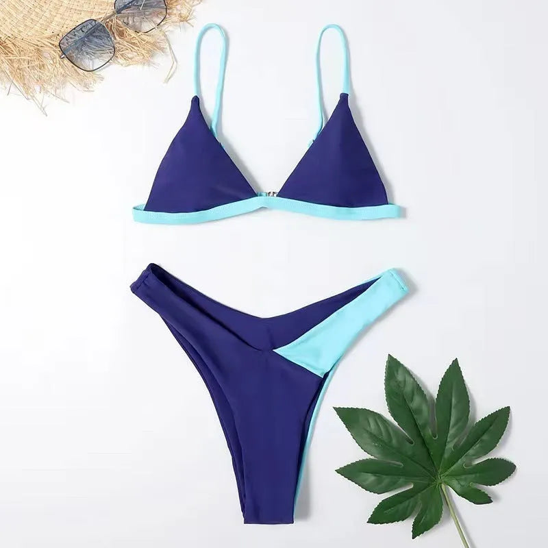 Women's two-piece swimsuit set with briefs-style panties and matching bra in pattern design
