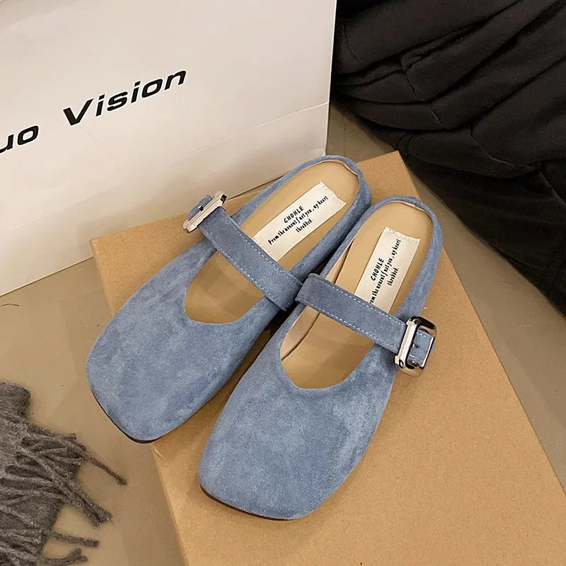 Women's flat closed toe half slippers with square toe in apricot, blue, red, and yellow colours.