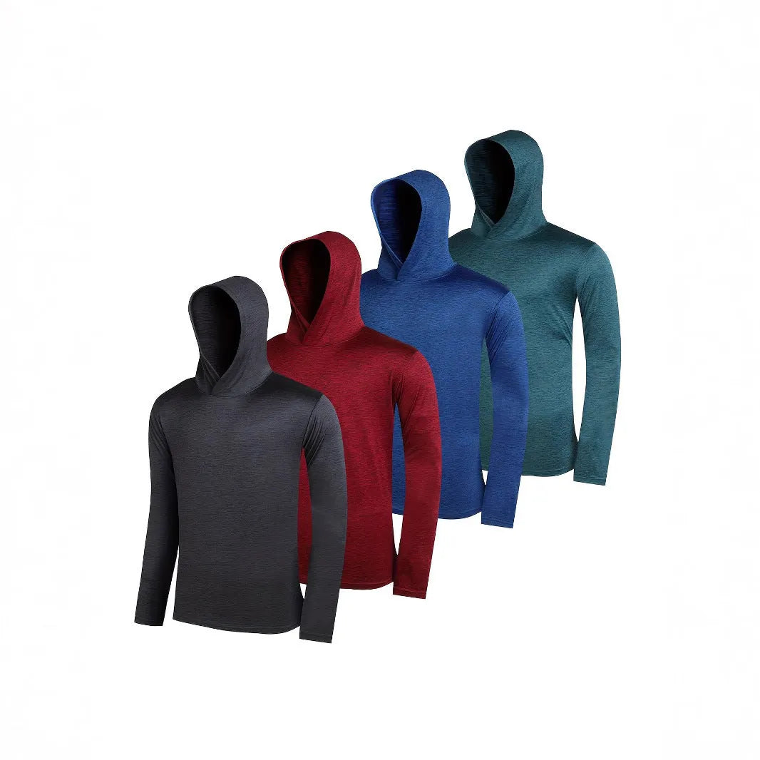 Four-pack of men's lightweight polyester hooded sweatshirts in various colours on hangers.