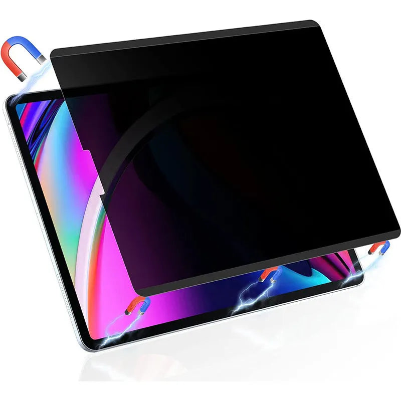 Magnetic suction iPad privacy screen protector with paper-like texture and storage clip on an iPad.