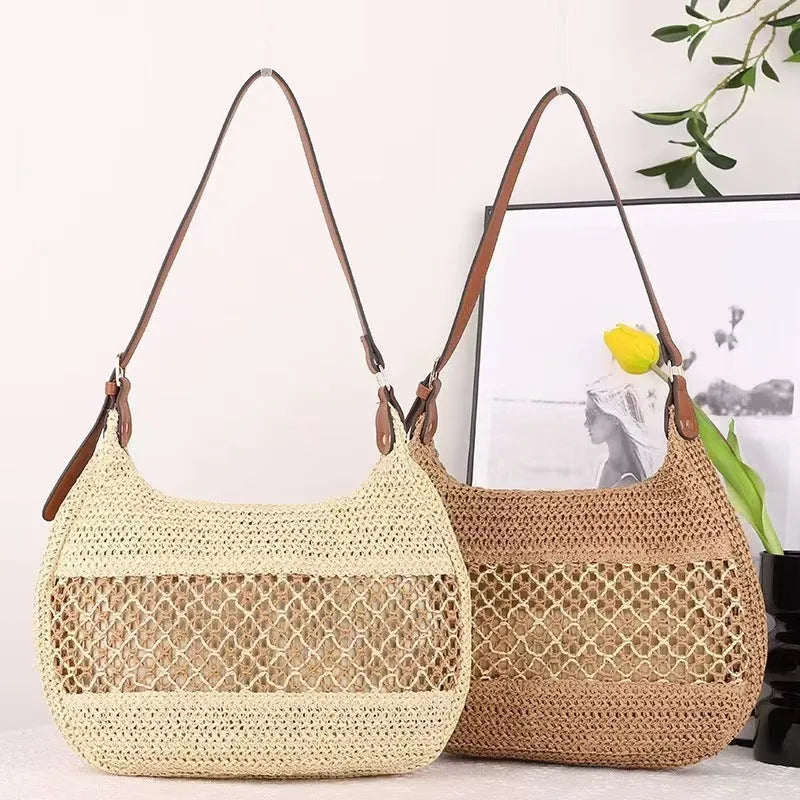 Women's casual straw crossbody bag in khaki colour with horizontal square shape and adjustable shoulder strap