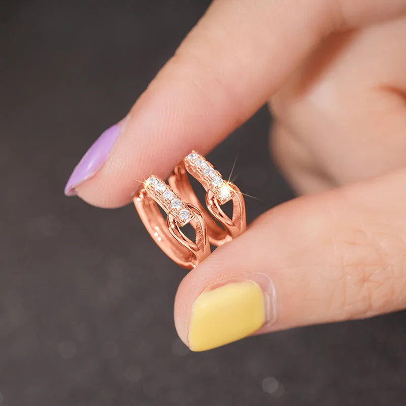 Women's geometric copper earrings with micro-inlaid zircon in white gold colour finish