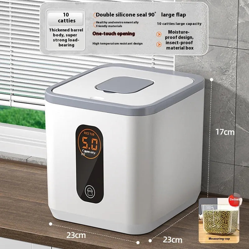 Grey plastic rice storage jar with lid and measuring cup for 10kg, 20kg, or 30kg capacity.