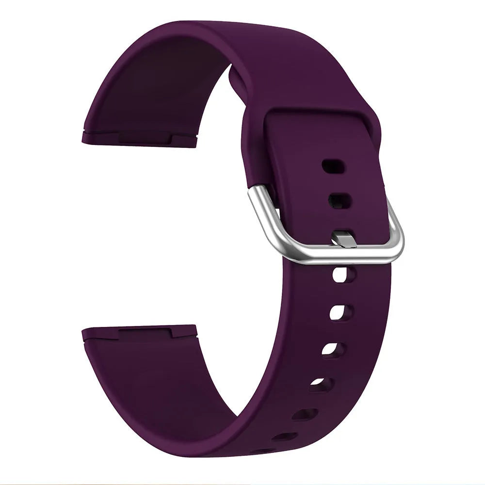 Silicone replacement strap with silver buckle for Fitbit Versa 3 and Sense 2 in multiple solid colour options.