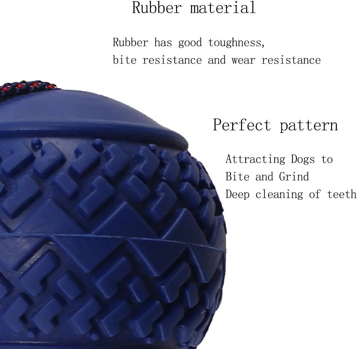 Blue or red natural rubber dog ball with rope attachment, showing textured surface and 29cm total length