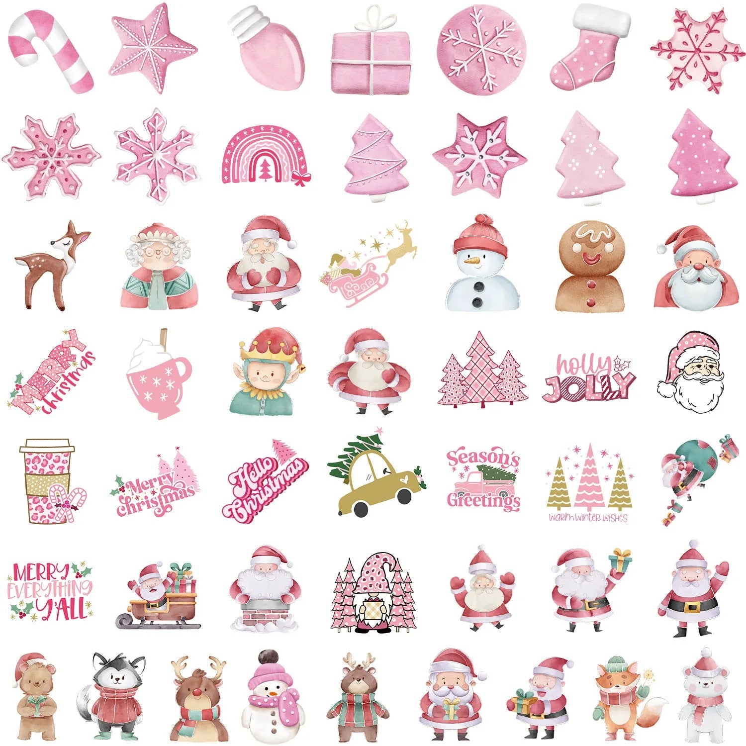 Christmas waterproof sticker pack showing variety of cute holiday designs from 4 to 8 centimetres