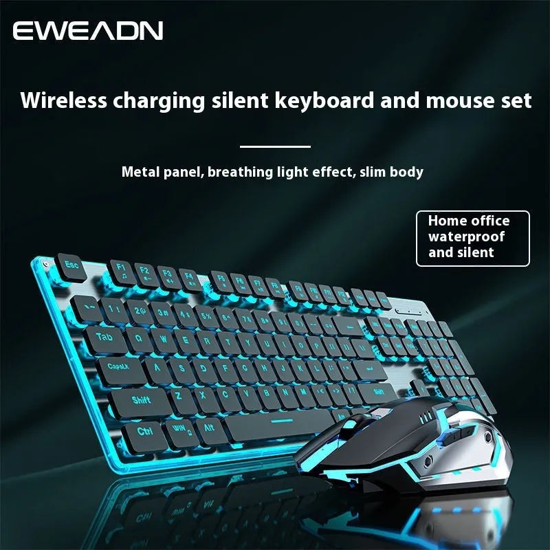 Wireless mute Bluetooth keyboard with ice blue backlighting on desk