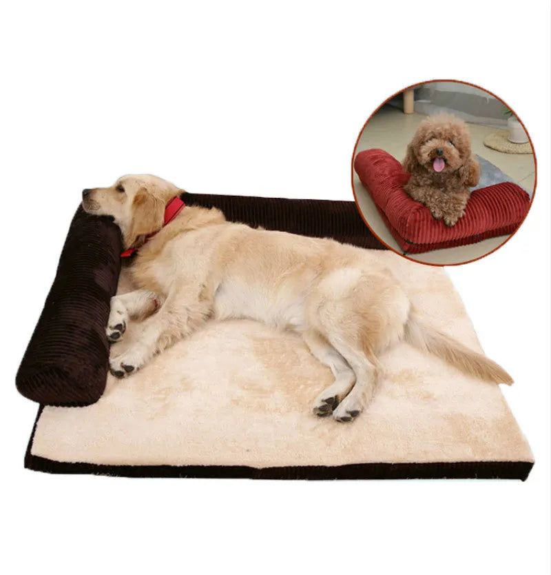 Corduroy pet sofa bed in grey colour with unilateral bolster, showing high-density sponge padding and non-slip base.