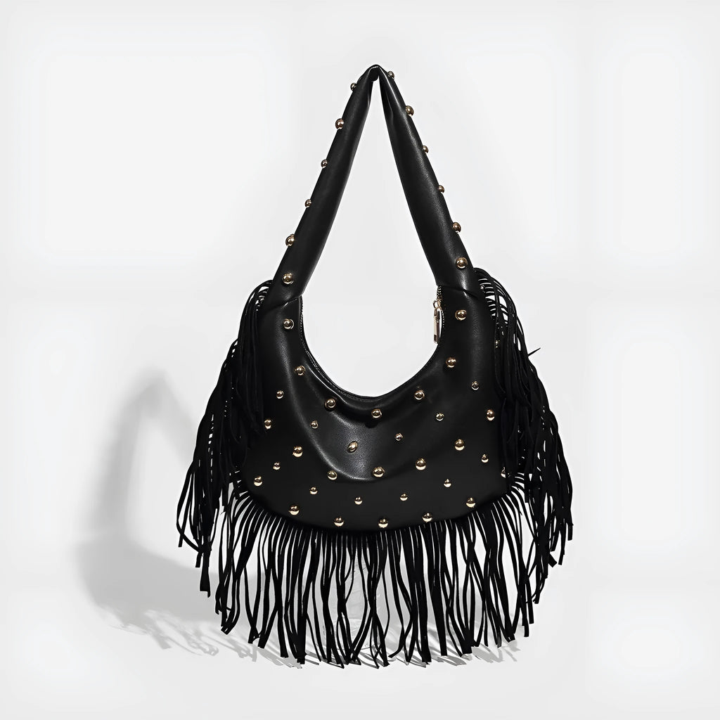 Retro black tassel shoulder handbag with mobile phone pocket showing decorative detailing